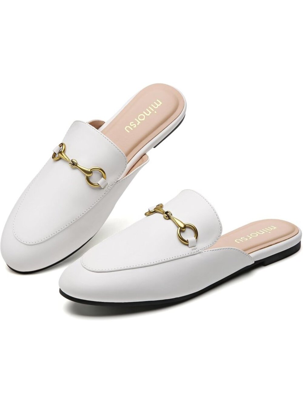 Women's White Slip on Round Toe Backless Slides Casual Buckle Flat Loafers Shoes